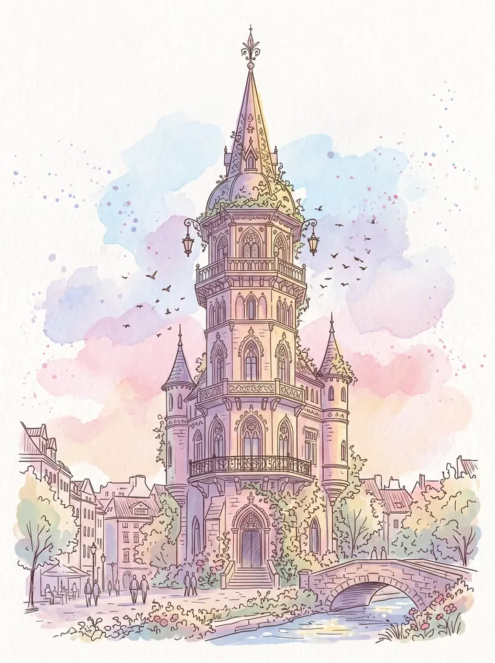 ภาพวาดหอคอยสีพาสเทลในเมือง